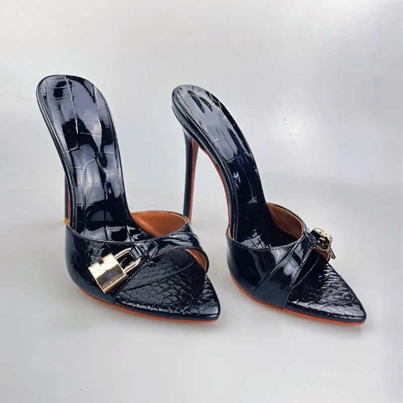 Arden Furtado Camouflage pointed Metal buckle Slippers Open toe Super high heel Word slippers wear Mules