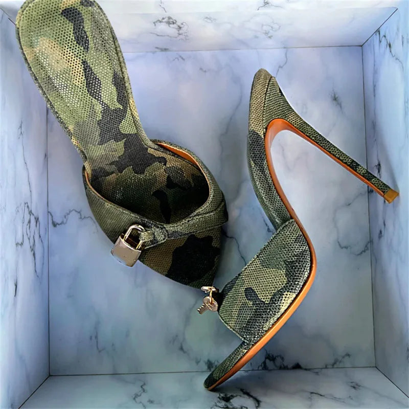 Arden Furtado Camouflage pointed Metal buckle Slippers Open toe Super high heel Word slippers wear Mules