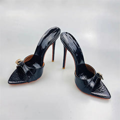 Arden Furtado Camouflage pointed Metal buckle Slippers Open toe Super high heel Word slippers wear Mules