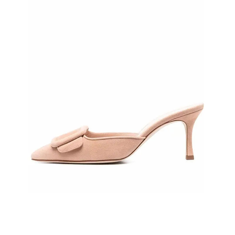 Arden Furtado Cow suede Mules Pointed toe Belt buckle Pull-on Stiletto heels Closed toe Slippers Large size