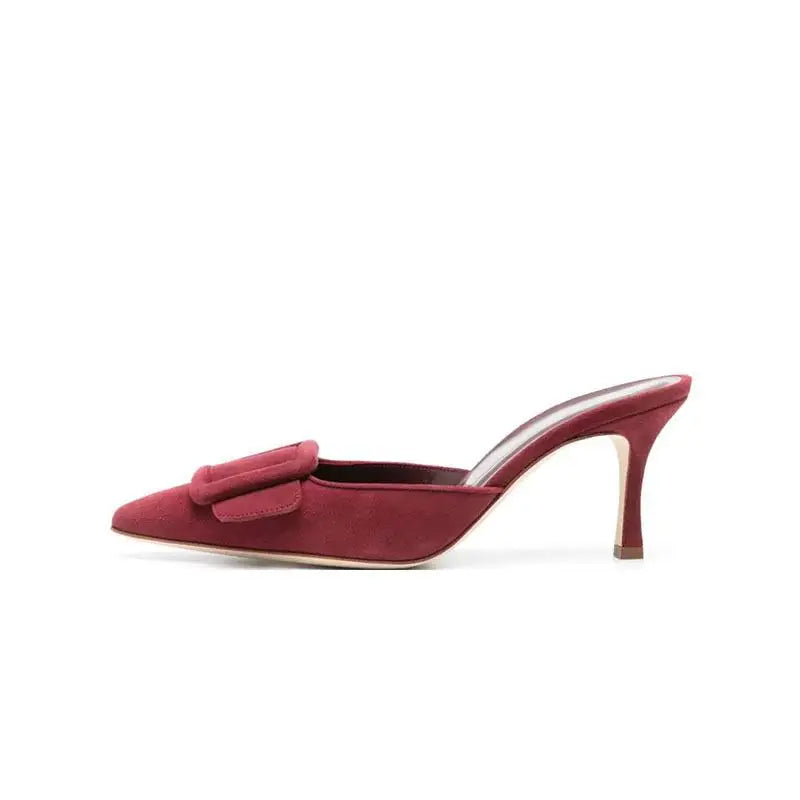 Arden Furtado Cow suede Mules Pointed toe Belt buckle Pull-on Stiletto heels Closed toe Slippers Large size