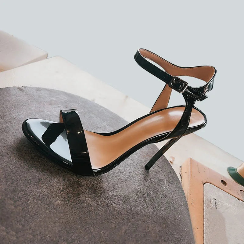 Arden Furtado Patent Leather Round head Thin heels word-cingulate Belt buckle Super high heel Open toe Sandals