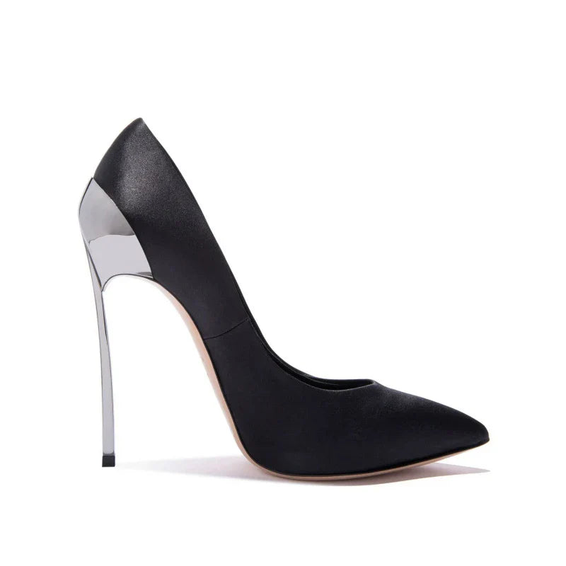 Arden Furtado Silk Pointed Metal Thin heels Shallow Super high heel Extra large size Single shoe