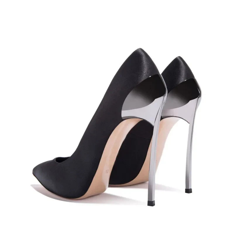 Arden Furtado Silk Pointed Metal Thin heels Shallow Super high heel Extra large size Single shoe