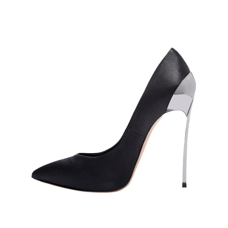 Arden Furtado Silk Pointed Metal Thin heels Shallow Super high heel Extra large size Single shoe