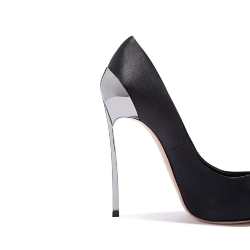Arden Furtado Silk Pointed Metal Thin heels Shallow Super high heel Extra large size Single shoe