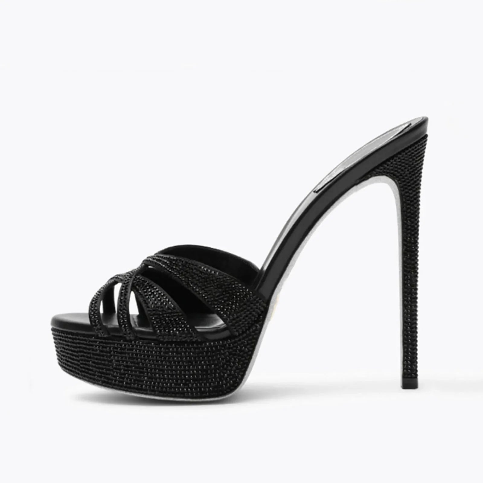 Arden Furtado Platform Stiletto heel Crystal Banquet shoes round toe Super high heel Word slippers large size Mules