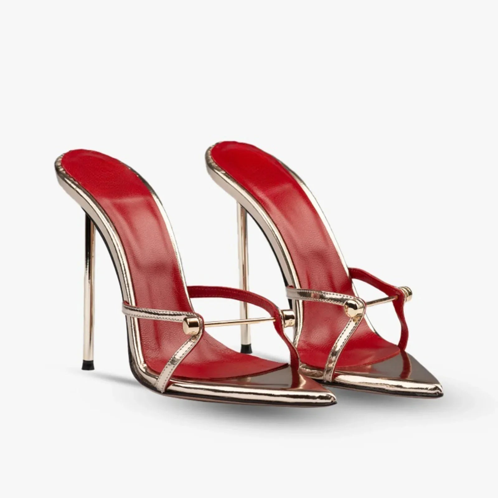 Arden Furtado Pointed to thin heels Metal buckle Slippers Super high heel Word slippers Extra-large size Mules