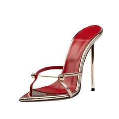 Arden Furtado Pointed to thin heels Metal buckle Slippers Super high heel Word slippers Extra-large size Mules