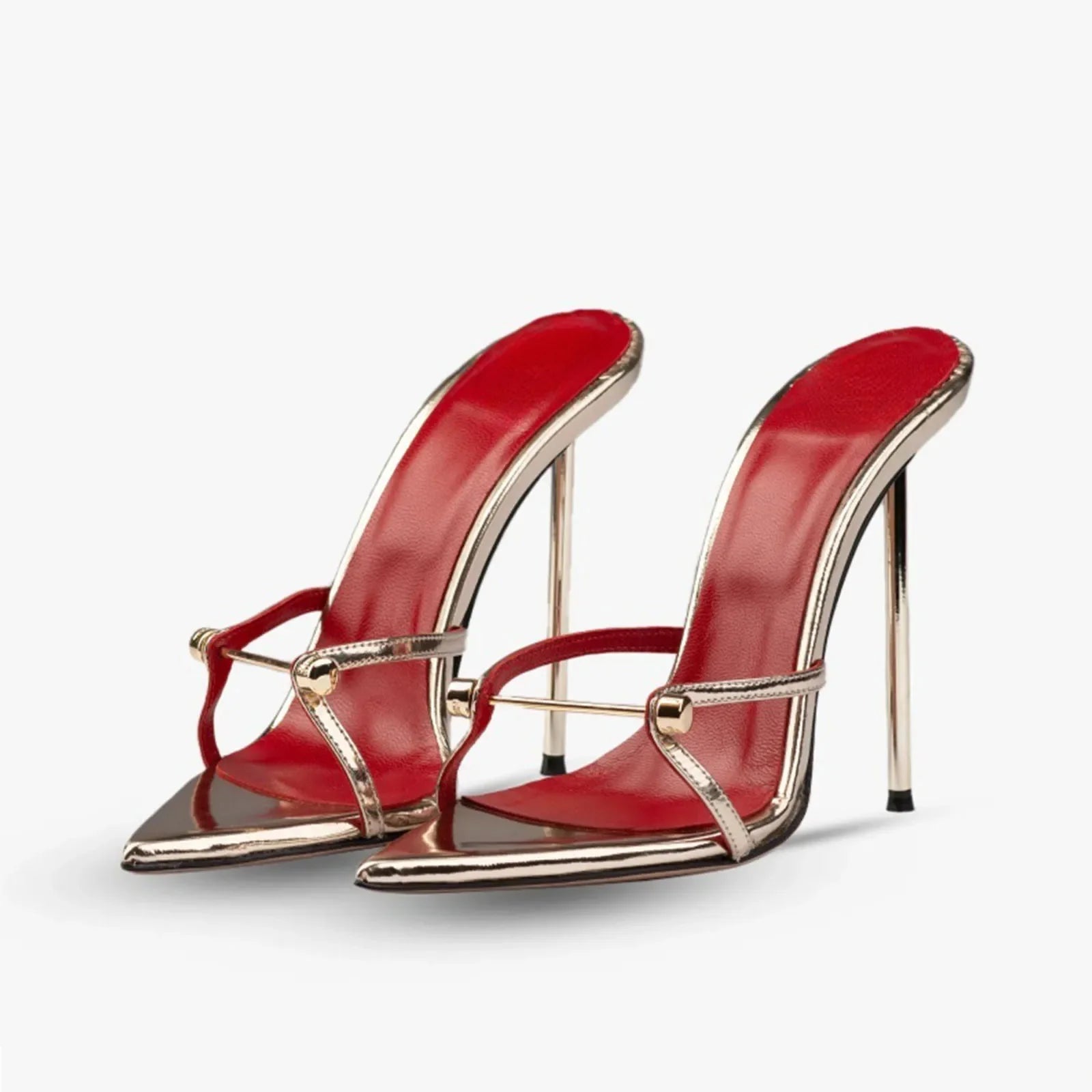 Arden Furtado Pointed to thin heels Metal buckle Slippers Super high heel Word slippers Extra-large size Mules