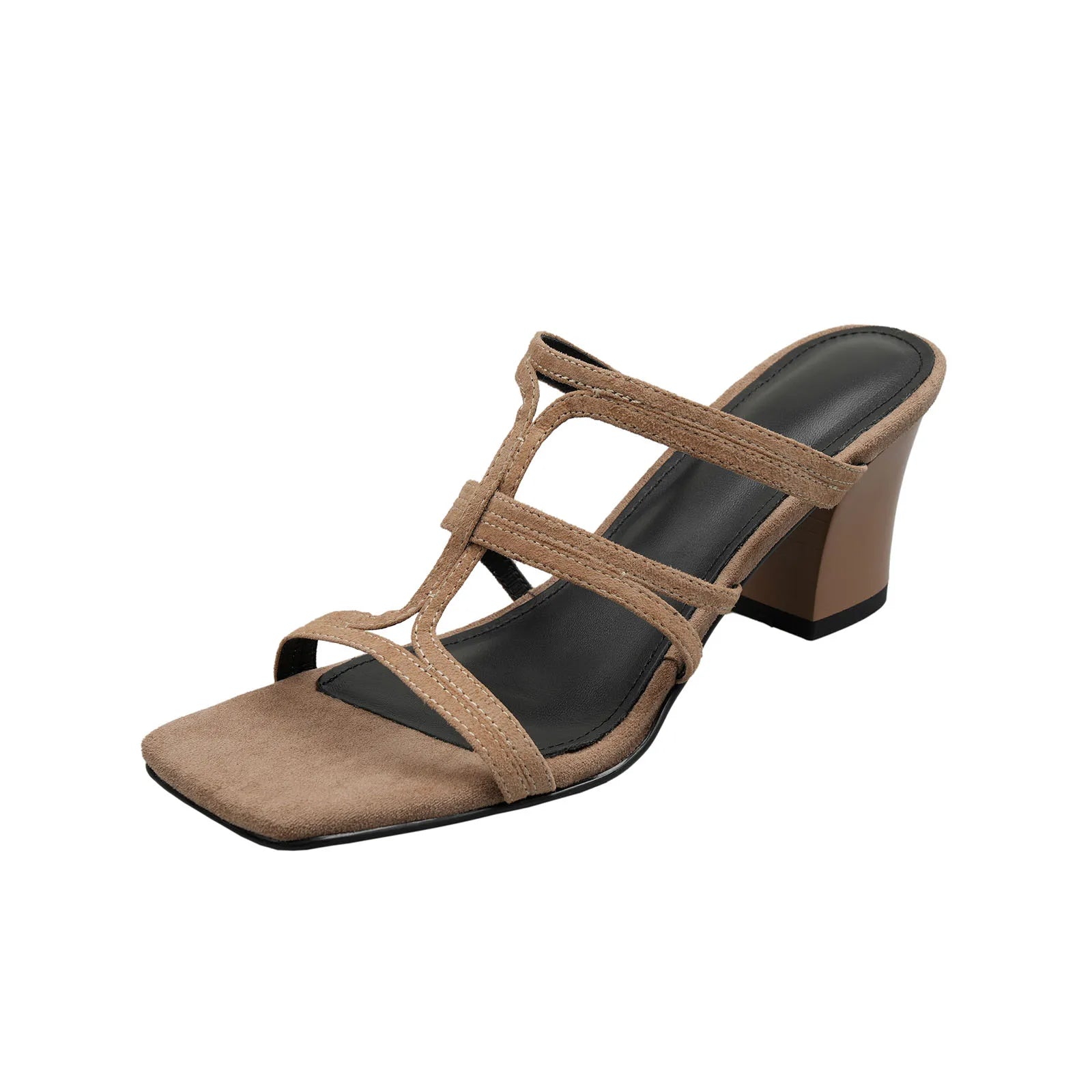 Arden Furtado Sheep suede Open toe Word slippers Square toe Narrow BChunky heels Large size slippers