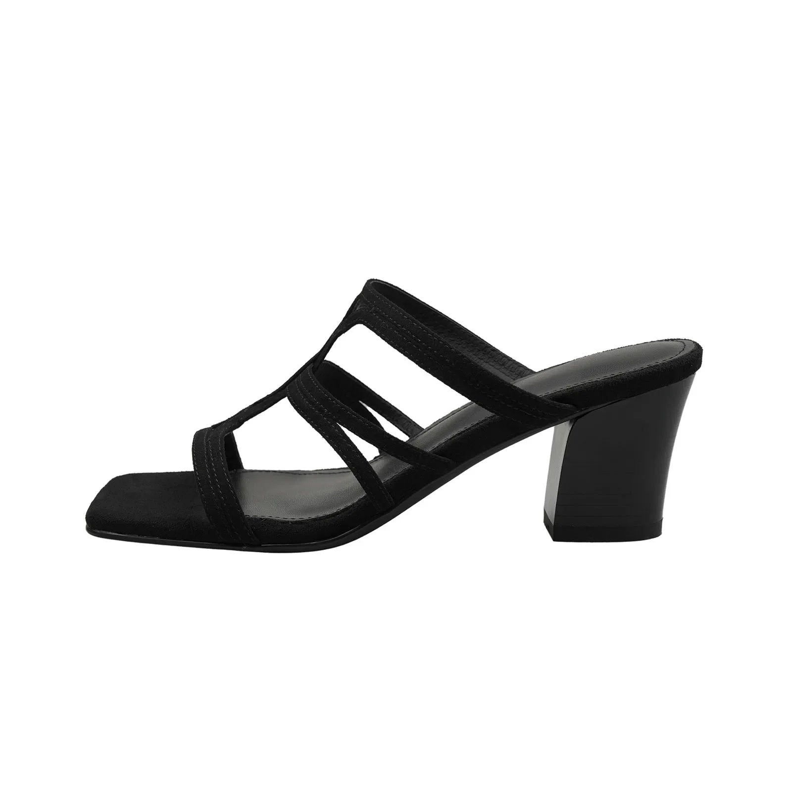 Arden Furtado Sheep suede Open toe Word slippers Square toe Narrow BChunky heels Large size slippers