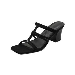 Arden Furtado Sheep suede Open toe Word slippers Square toe Narrow BChunky heels Large size slippers