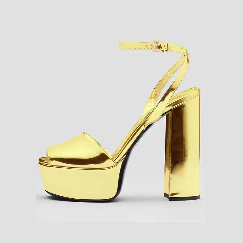 Arden Furtado Silver Bright leather peep toe Super high heel Platform Belt buckle word-cingulate Sandals Large size