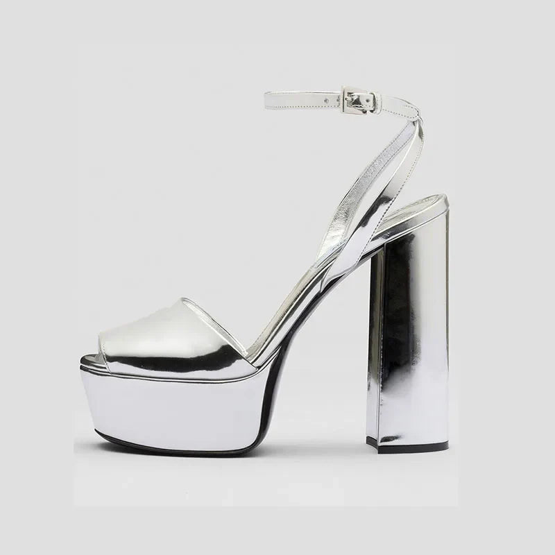 Arden Furtado Silver Bright leather peep toe Super high heel Platform Belt buckle word-cingulate Sandals Large size