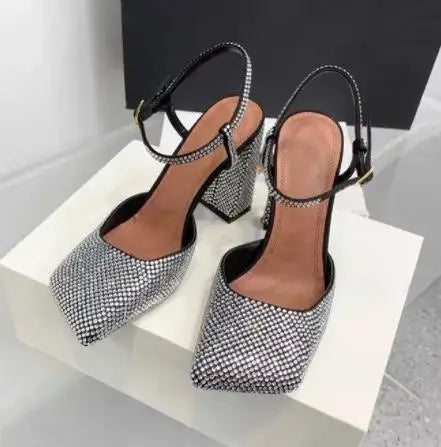 Arden Furtado Square-head Shallow Super high heel Crystal word-cingulate Closed toe Sandals Elegant Banquet shoes