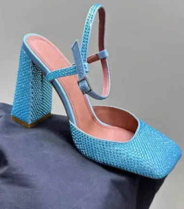 Arden Furtado Square-head Shallow Super high heel Crystal word-cingulate Closed toe Sandals Elegant Banquet shoes