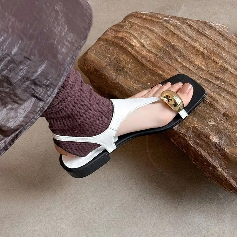 Arden Furtado cowhide Pinch toe T-Strap sandals Square toe Low heel Large size Open toe word-cingulate sandals