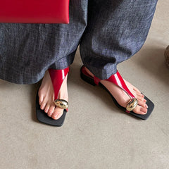 Arden Furtado cowhide Pinch toe T-Strap sandals Square toe Low heel Large size Open toe word-cingulate sandals