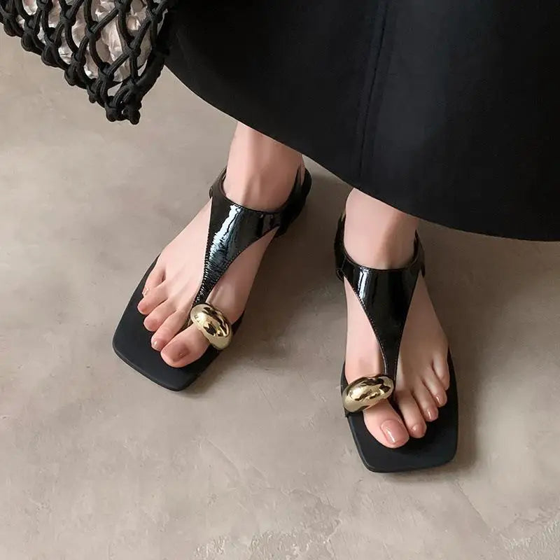 Arden Furtado cowhide Pinch toe T-Strap sandals Square toe Low heel Large size Open toe word-cingulate sandals