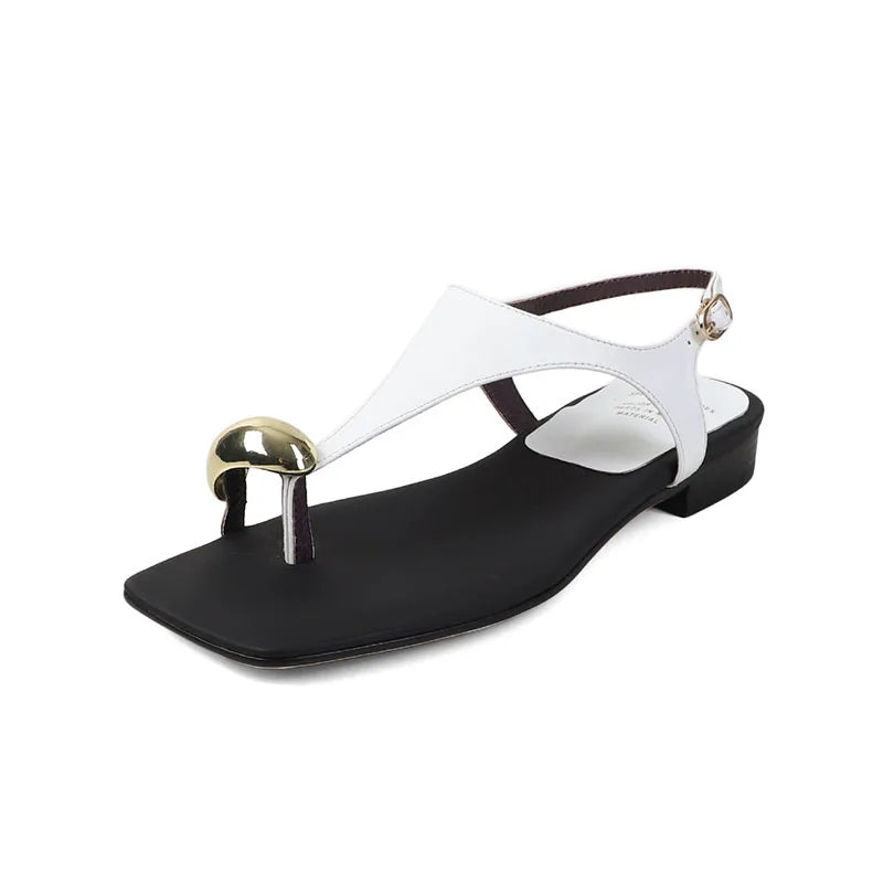 Arden Furtado cowhide Pinch toe T-Strap sandals Square toe Low heel Large size Open toe word-cingulate sandals