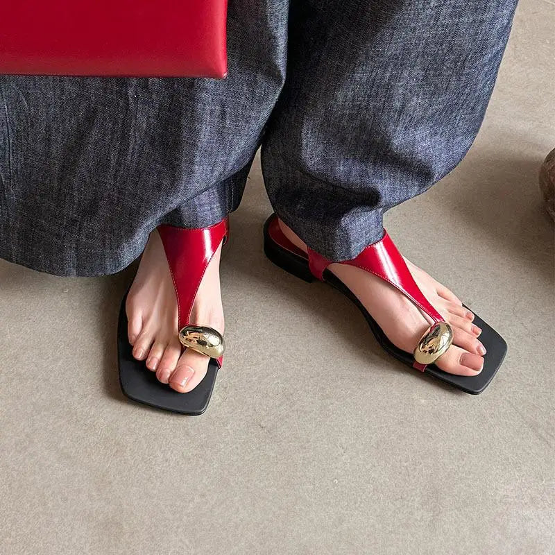 Arden Furtado cowhide Pinch toe T-Strap sandals Square toe Low heel Large size Open toe word-cingulate sandals