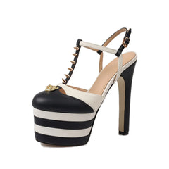 Arden Furtado cowhide Platform rivet Mixed Colors Catwalk shoes round toe Super high heel T belt Roman sandals
