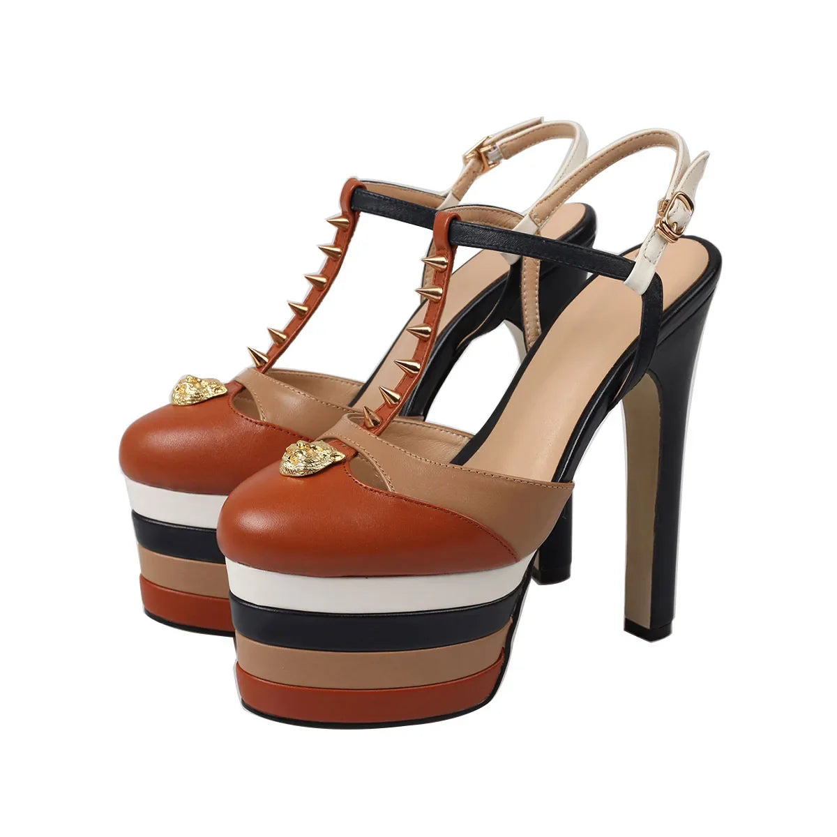 Arden Furtado cowhide Platform rivet Mixed Colors Catwalk shoes round toe Super high heel T belt Roman sandals