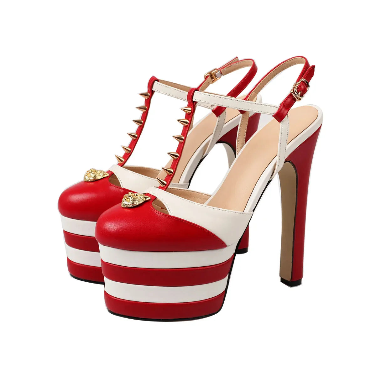 Arden Furtado cowhide Platform rivet Mixed Colors Catwalk shoes round toe Super high heel T belt Roman sandals
