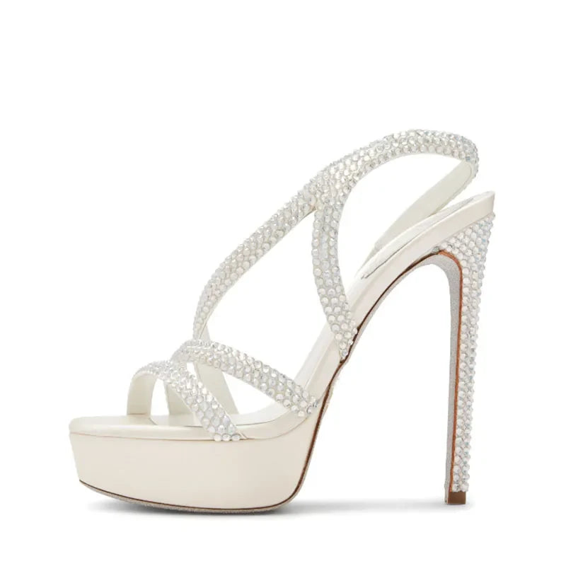 Arden Furtado platform Thin heel Crystal Banquet shoes Sexy Super high heel Sling back Open toe sandals Large size