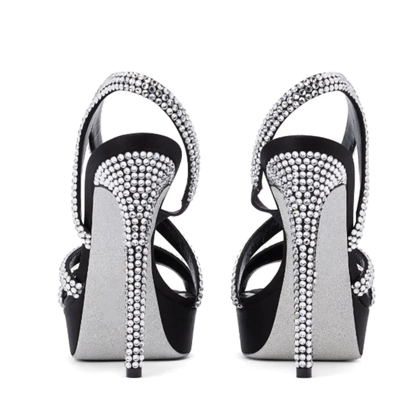 Arden Furtado platform Thin heel Crystal Banquet shoes Sexy Super high heel Sling back Open toe sandals Large size
