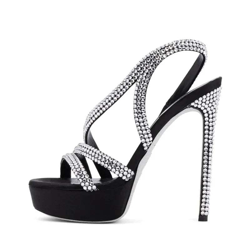Arden Furtado platform Thin heel Crystal Banquet shoes Sexy Super high heel Sling back Open toe sandals Large size