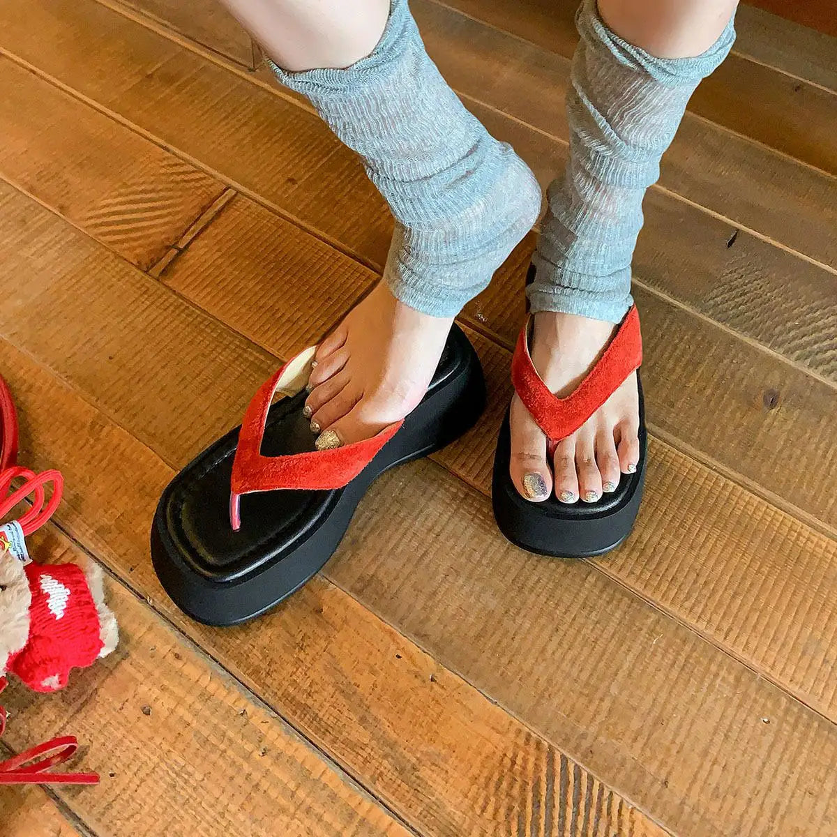 Arden Furtado sheepskin platform Pinch toe slippers Square toe Pull-on Wedge flip-flop large size Beach slippers