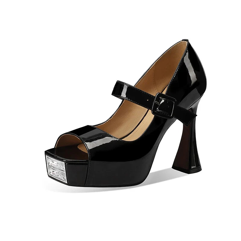 Arden Furtado Cow patent leather peep toe Pumps Square toe Platform Super high heel word-cingulate Single shoe