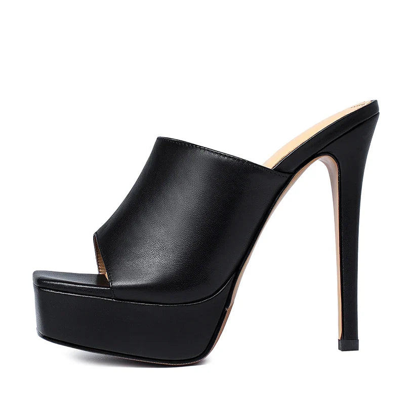 Arden Furtado White cowhide Platform thin heels Peep toe shoes square toe Super high heel Word slippers