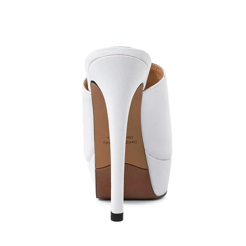 Arden Furtado White cowhide Platform thin heels Peep toe shoes square toe Super high heel Word slippers