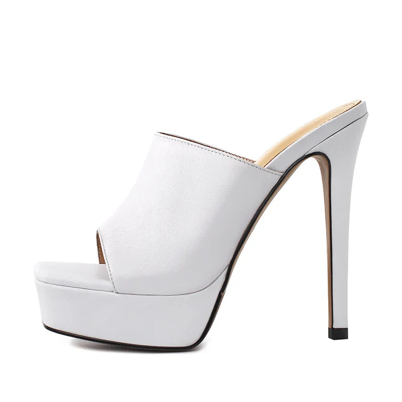 Arden Furtado White cowhide Platform thin heels Peep toe shoes square toe Super high heel Word slippers