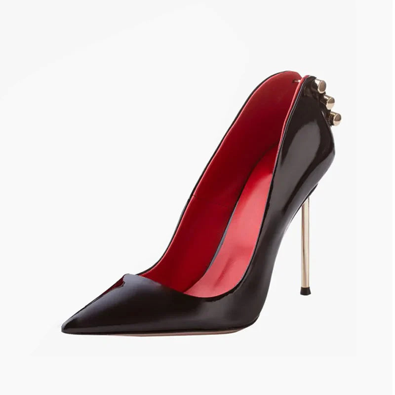 Arden Furtado Patent Leather Hollow Metal Thin heels Pumps Pointed toe Metal buckle Shallow Super high heel Sexy Single shoe