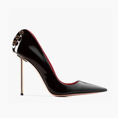 Arden Furtado Patent Leather Hollow Metal Thin heels Pumps Pointed toe Metal buckle Shallow Super high heel Sexy Single shoe