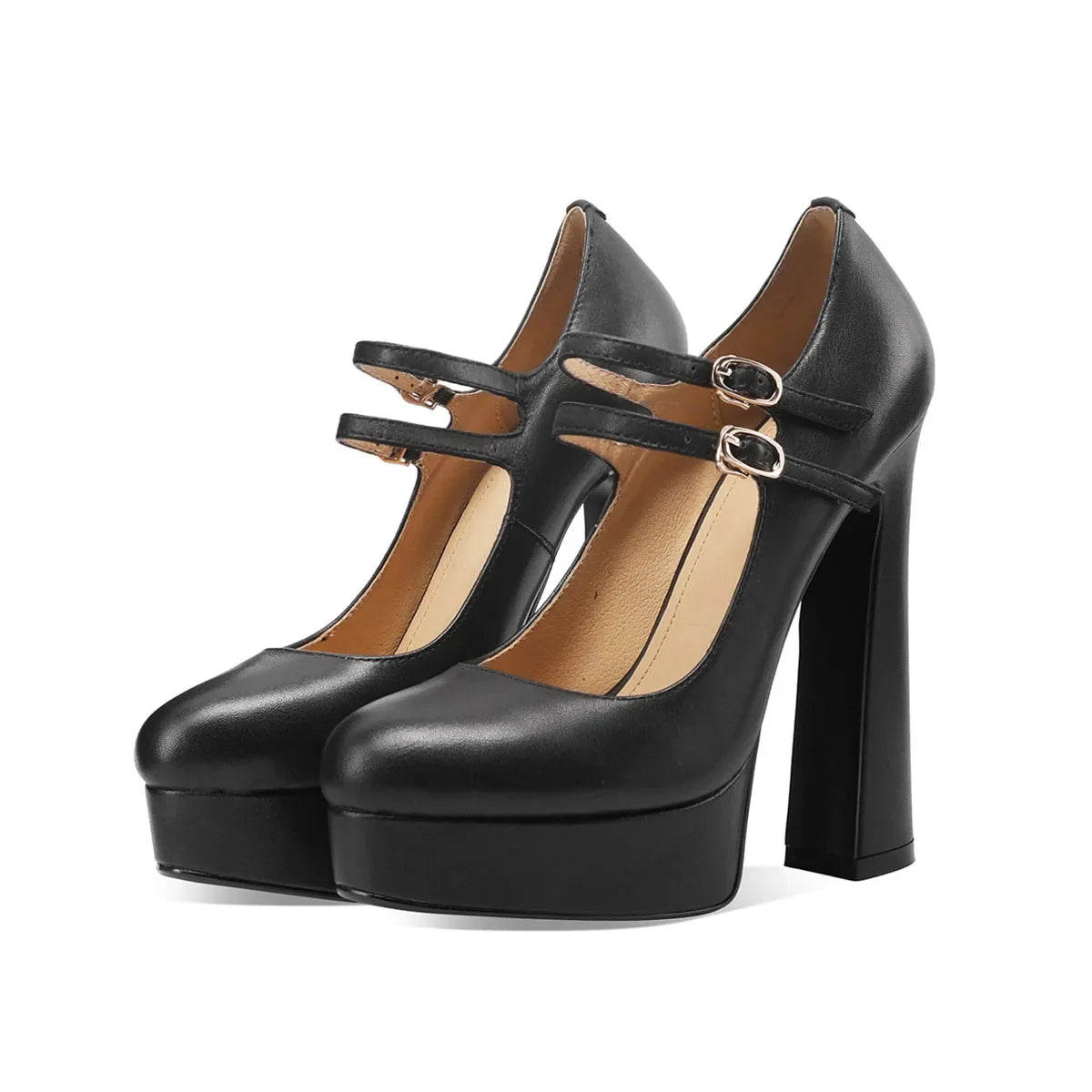 Arden Furtado Beige cowhide platform high-heeled shoes round toe Chunky heels Double-row buckle Pumps Mary jane shoes