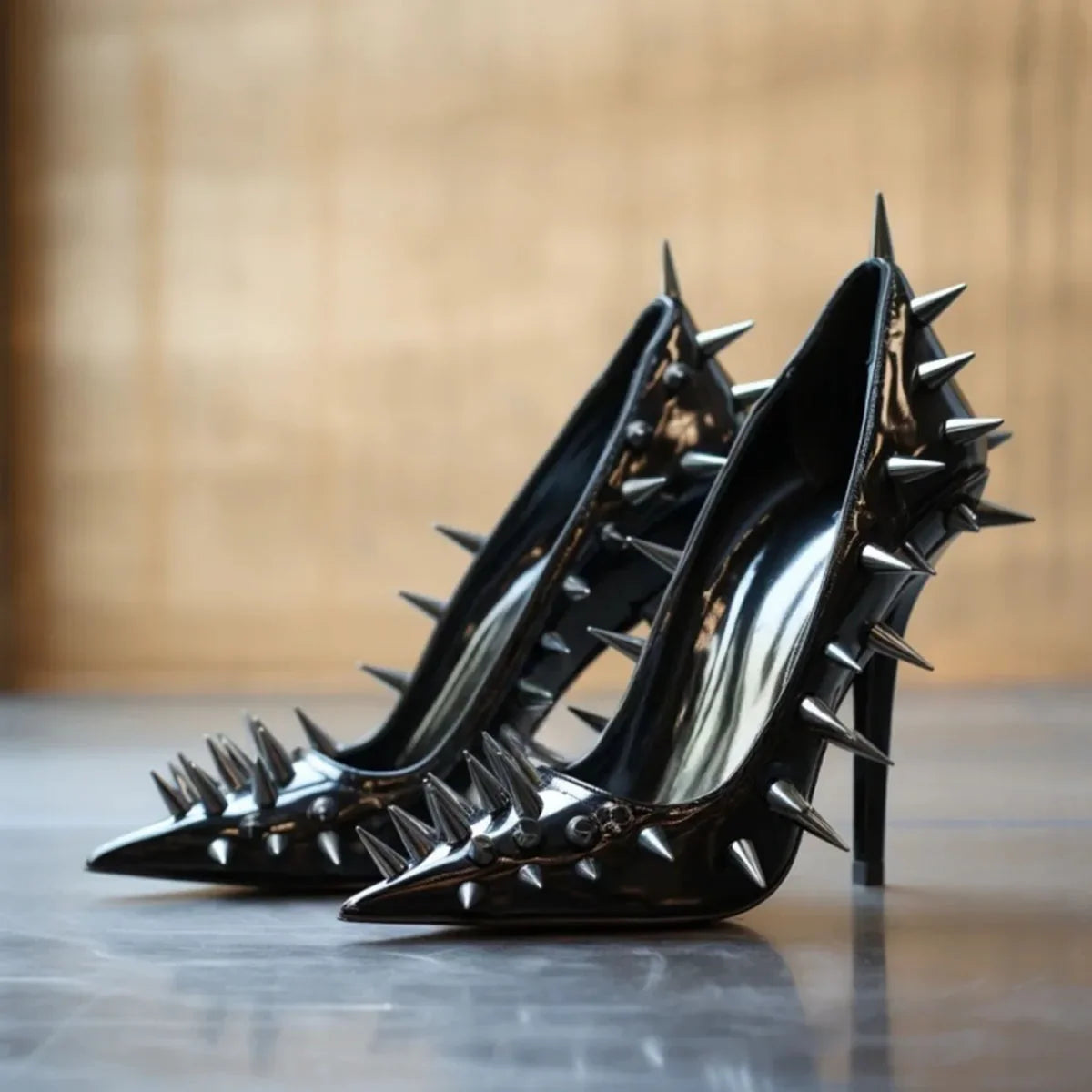 Arden Furtado Black Patent Leather Rivet Pumps Shoe Pointed Toe Shallow Super High Heel Catwalk Shoes Shoes