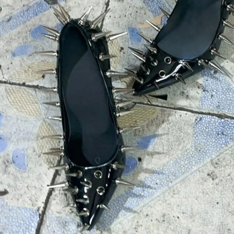 Arden Furtado Black Patent Leather Rivet Pumps Shoe Pointed Toe Shallow Super High Heel Catwalk Shoes Shoes