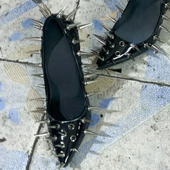 Arden Furtado Black Patent Leather Rivet Pumps Shoe Pointed Toe Shallow Super High Heel Catwalk Shoes Shoes