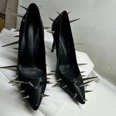 Arden Furtado Black Patent Leather Rivet Pumps Shoe Pointed Toe Shallow Super High Heel Catwalk Shoes Shoes