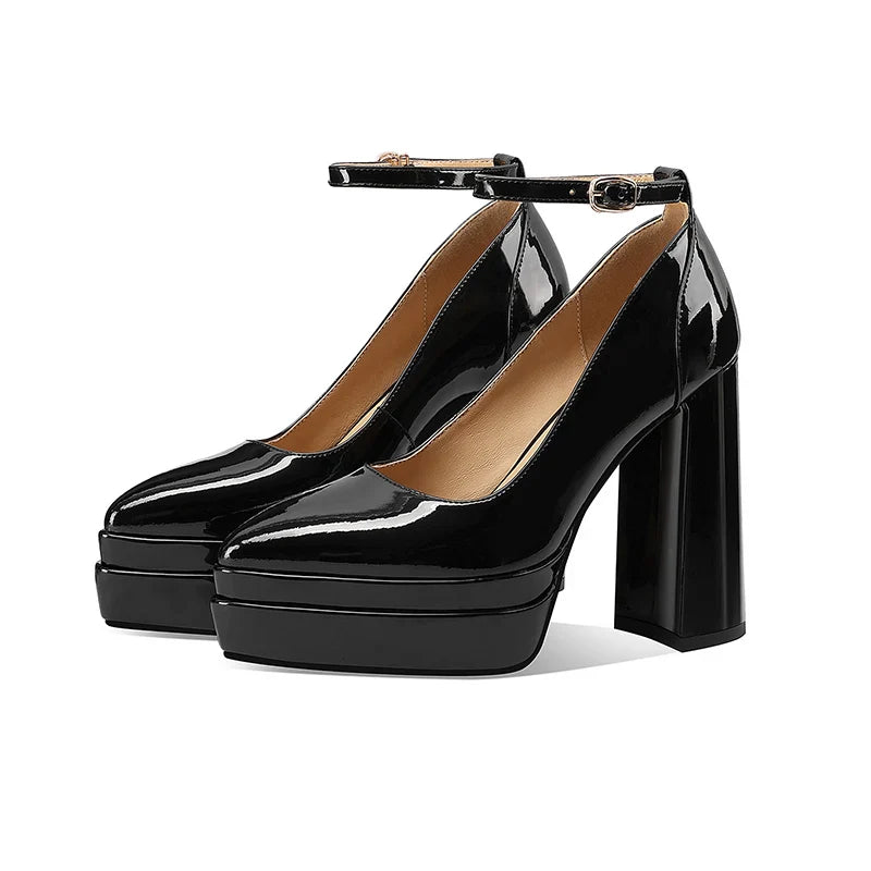 Arden Furtado Patent Leather platform high-heeled shoes Pointed toe Super high heel One word buckle Pumps large size