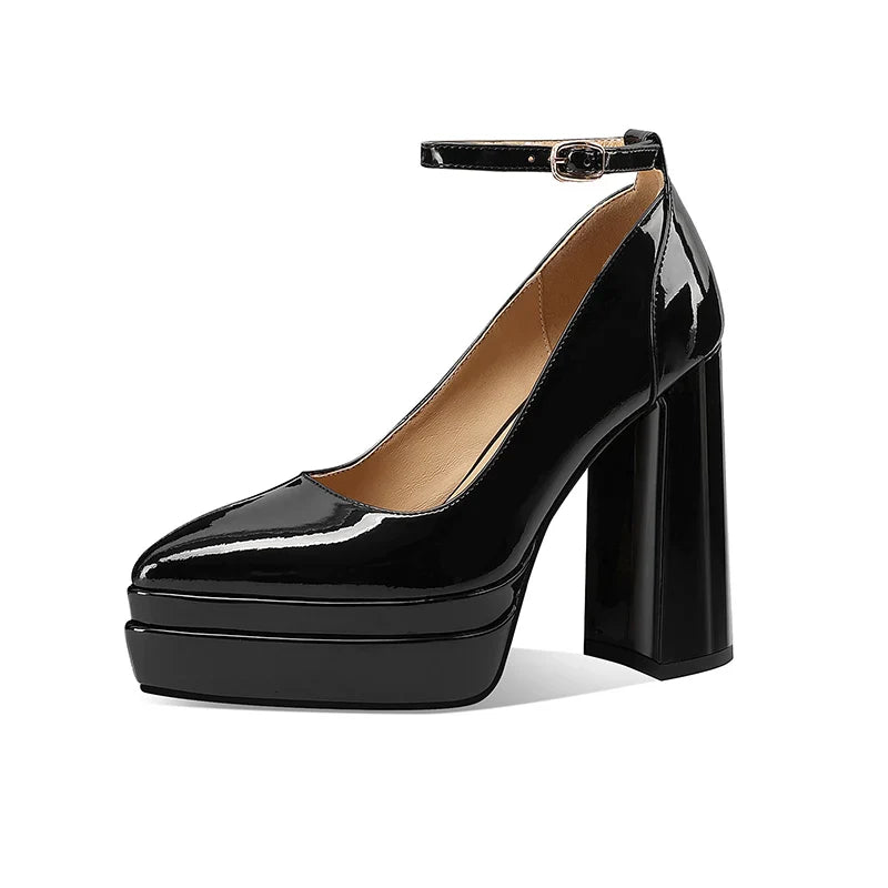Arden Furtado Patent Leather platform high-heeled shoes Pointed toe Super high heel One word buckle Pumps large size