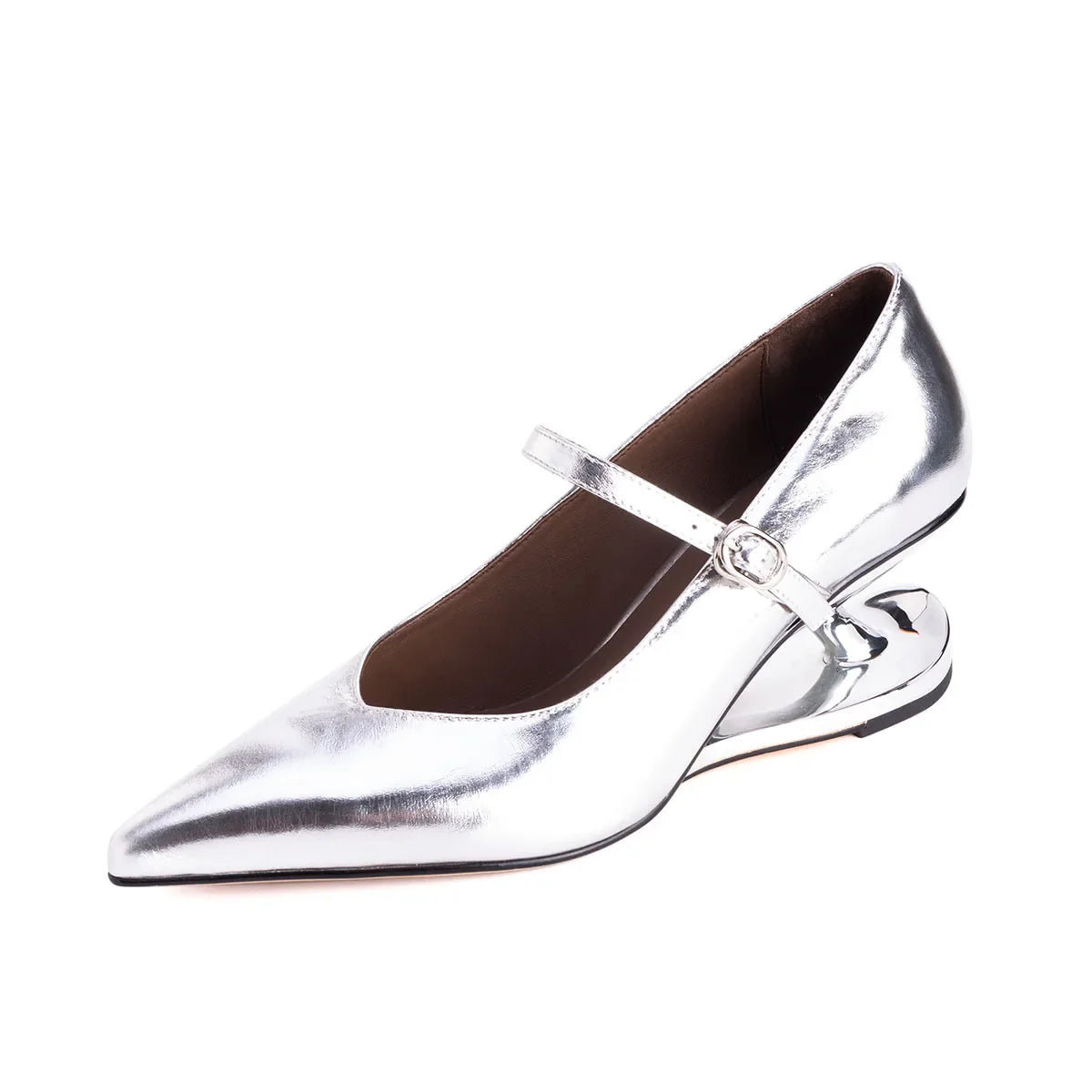 Arden Furtado cowhide Alien heel Pumps Pointed toe One word buckle Wedges large size Single shoe high-heeled shoes