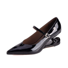 Arden Furtado cowhide Alien heel Pumps Pointed toe One word buckle Wedges large size Single shoe high-heeled shoes