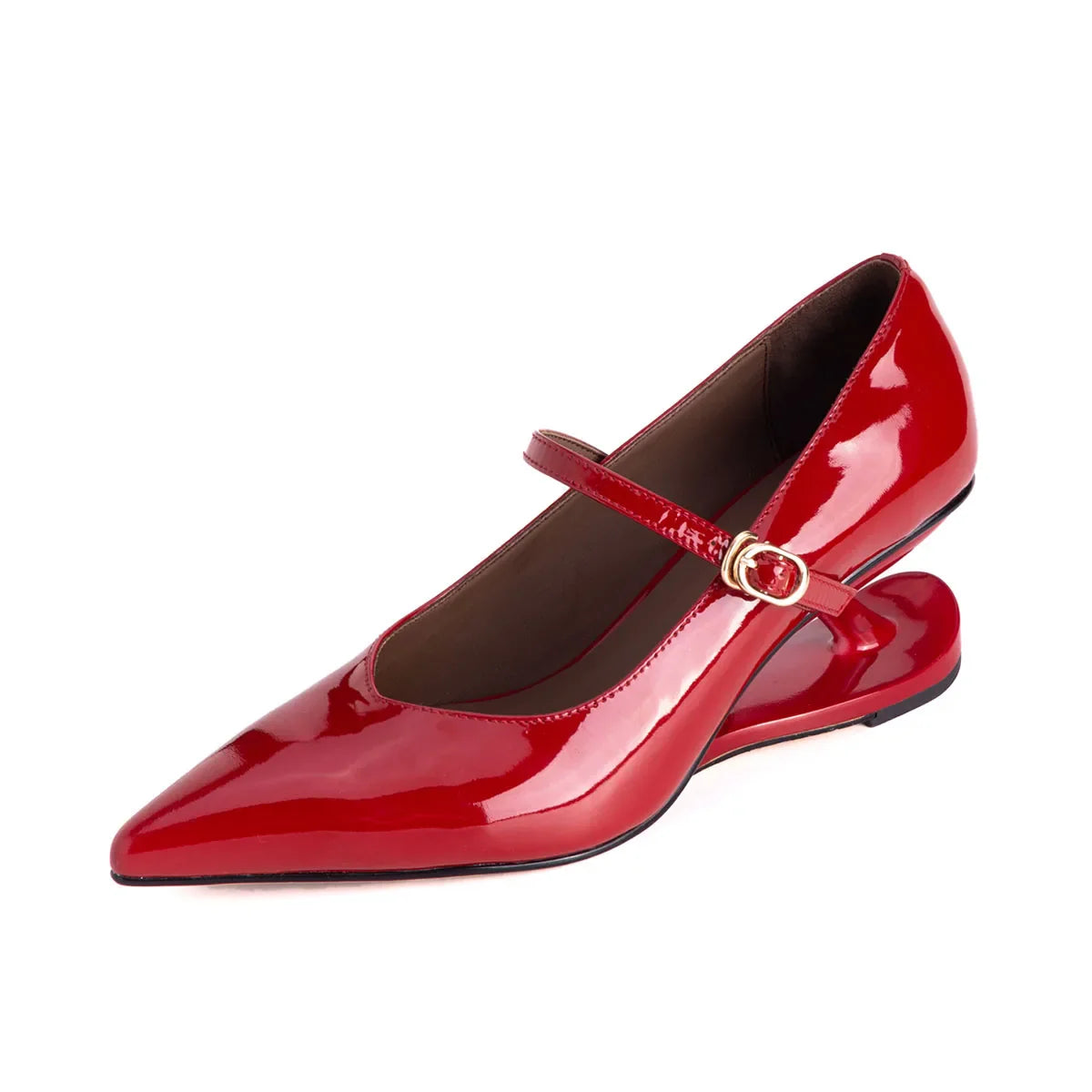 Arden Furtado cowhide Alien heel Pumps Pointed toe One word buckle Wedges large size Single shoe high-heeled shoes
