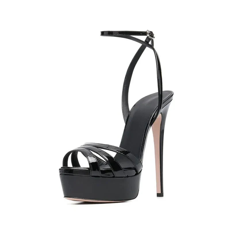 Arden Furtado Patent Leather Peep toe word-cingulate Round toe Waterproof platform Super high heel Open toe sandals